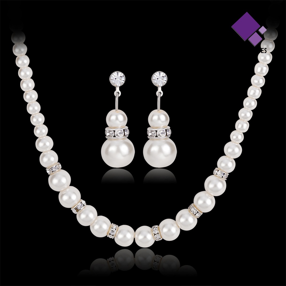Naiveblue &gt; Wanita Fashion Chic Berlian Imitasi Mutiara Manik-Manik Anting Kalung Set