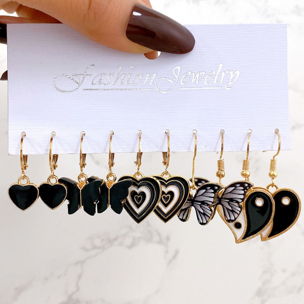 Retro Butterfly Heart Rumbai Drop Earring Set Mutiara Resin Emas Perak Anting Hoop Untuk Aksesoris Perhiasan Wanita