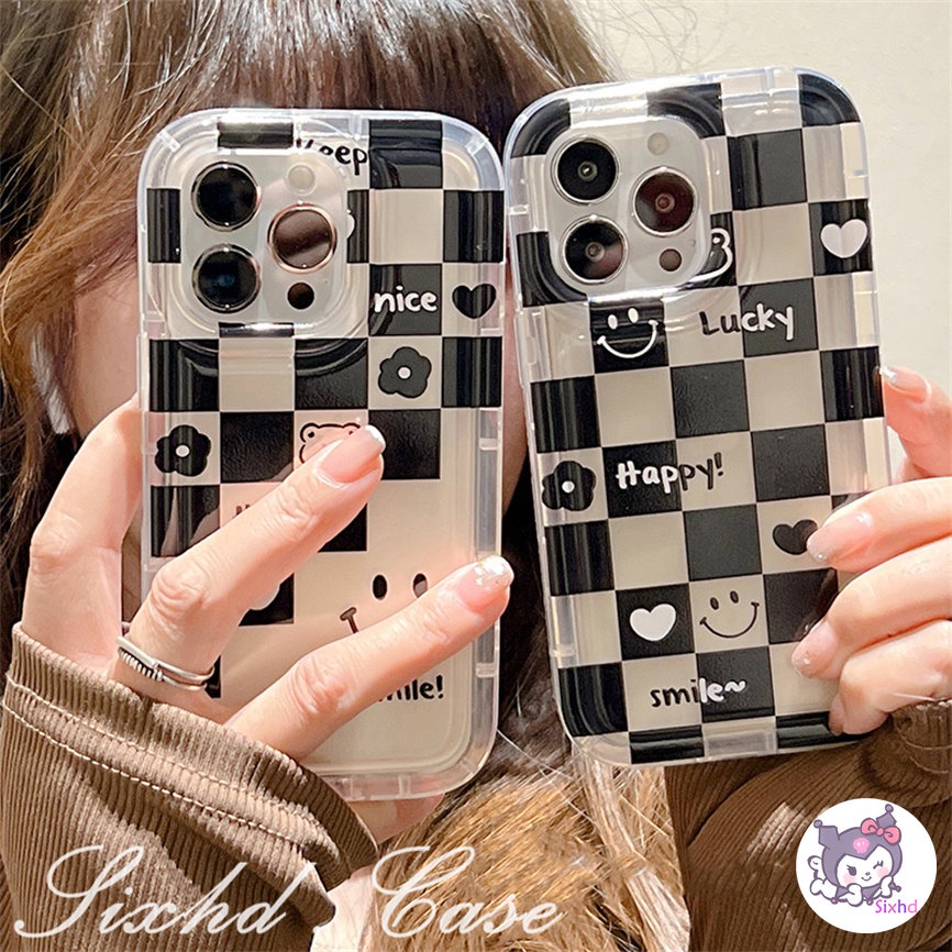 IPHONE Kompatibel Untuk Iphone14 13 12 11 Pro Max SE 2020 X Xr Xs Max8 7 6 6s Plus Ins Hitam Putih Check Smile Face AirBag Case Lembut Shockproof Cover Pelindung