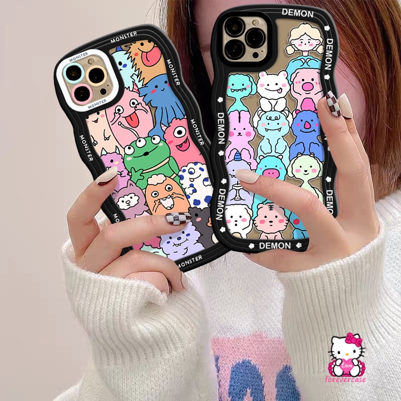 Penutup Belakang Tepi Bergelombang Lembut Kompatibel Untuk iPhone 7Plus 11 Pro Max XR 12 13 14 Pro Max 7 8 6s 6 Plus XS X Max14 Plus SE 2020 Kartun Hewan Monster Kecil Casing Ponsel Lucu