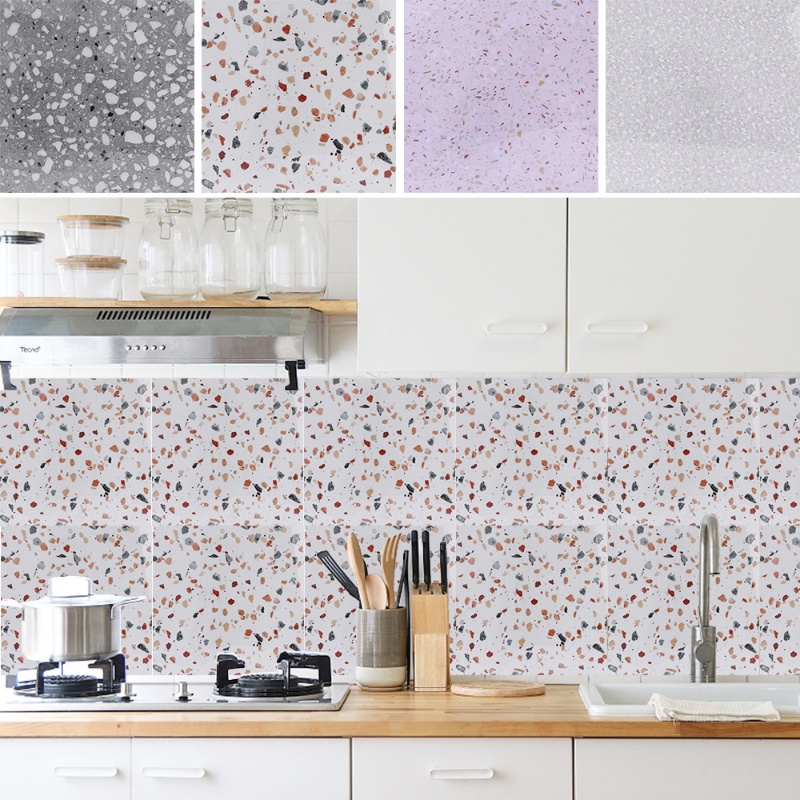 Indah Dapur Kamar Mandi Oil Proof Terrazzo Stiker Dinding Perekat Diri Ubin Keramik Jantung Tahan Panas Wallpaper DIY Imitasi Marmer Dinding Decals