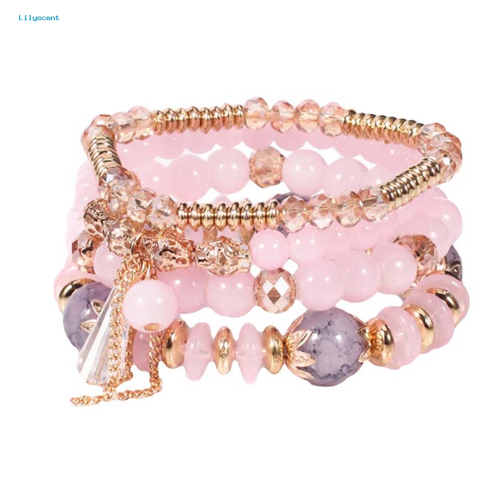 Lilyscent 4Pcs/Set Boho Faux Agate Mutiara Rumbai Rantai Pesona Manik-Manik Gelang Wanita Perhiasan