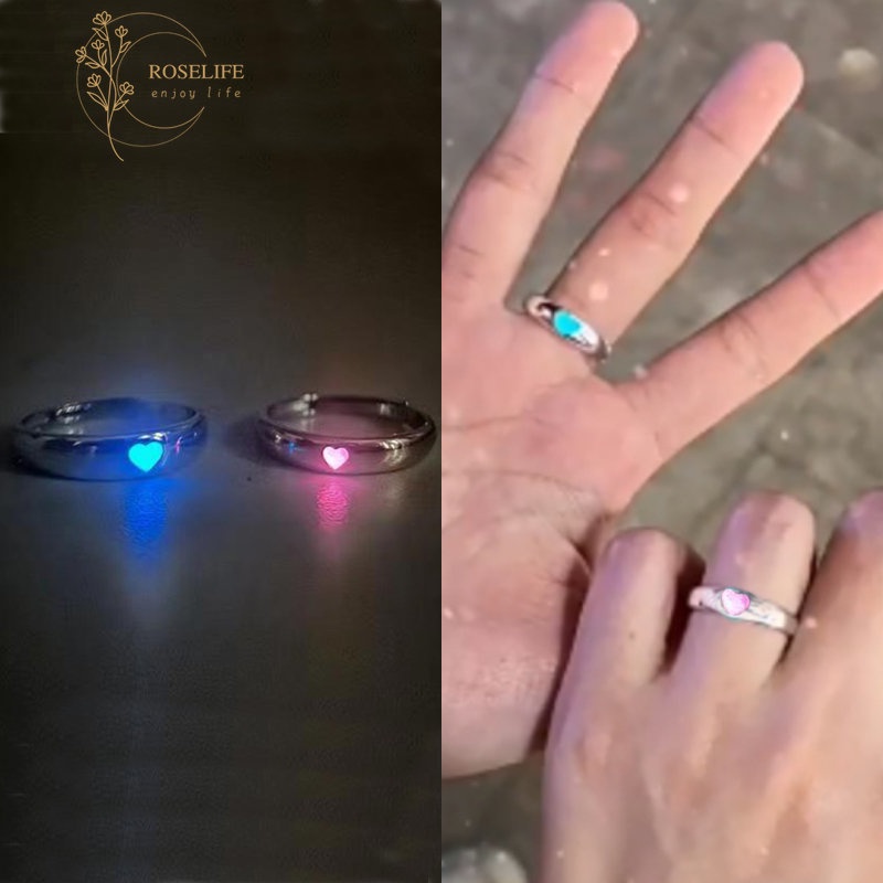 Roselife Pink Biru Hati Cincin Bercahaya Untuk Pasangan Kekasih Teman Trendi Glow In The Dark Open Ring Finger Cuff Jewelry 1pc