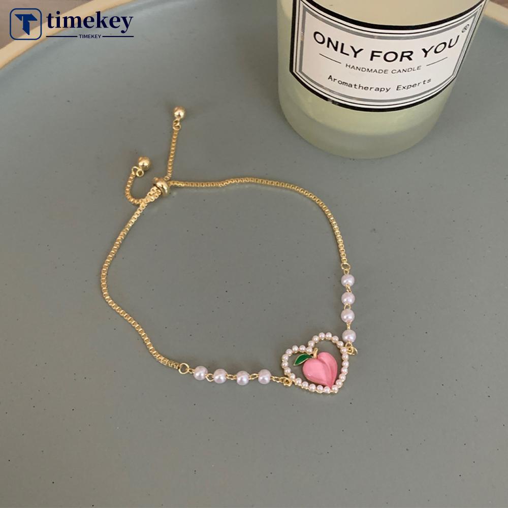 Timekey Peach Mutiara Imitasi Gelang Kalung Paduan Sederhana Cinta Liontin Klavikula Rantai Kalung Gelang Perhiasan D7F4