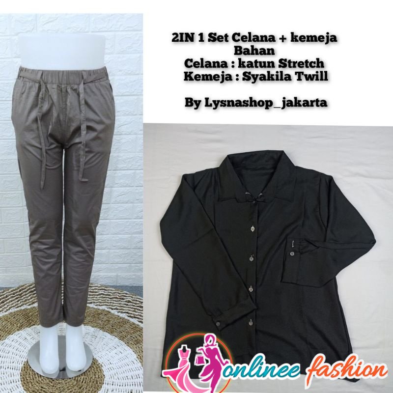 Baju Setelan Wanita 2in1 Kemeja Dan Celana Polos Premium Set fashion cewek