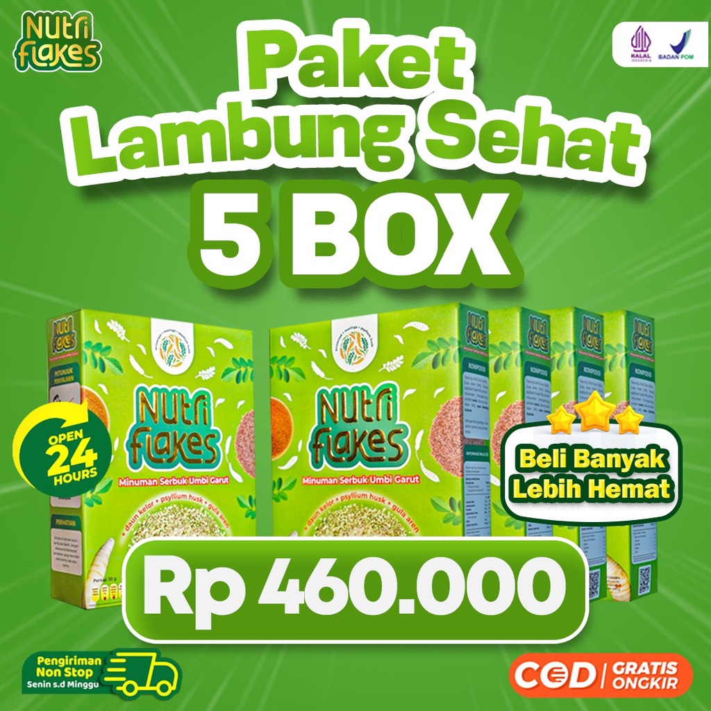 Paket Lambung Sehat - 5 Box Nutriflakes Solusi Gangguan Lambung Pencernaan Atur Kadar Kolesterol Kolestrol Terapi Asam Lambung Maag Magh Kronis Toko Laku