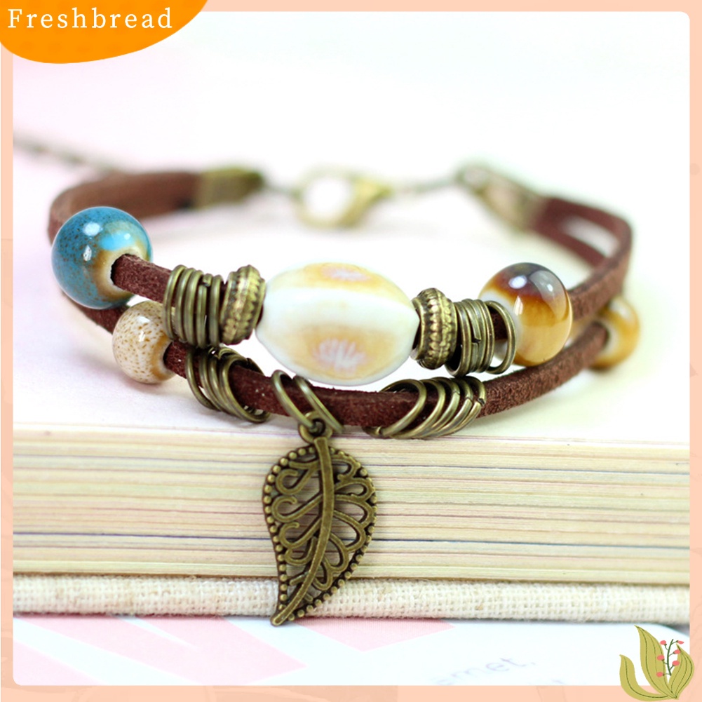 &lt; Freshbread &gt; Bohemian Wanita Double Layer Leaf Charm Ceramics Beads Gelang Tali Kulit Imitasi