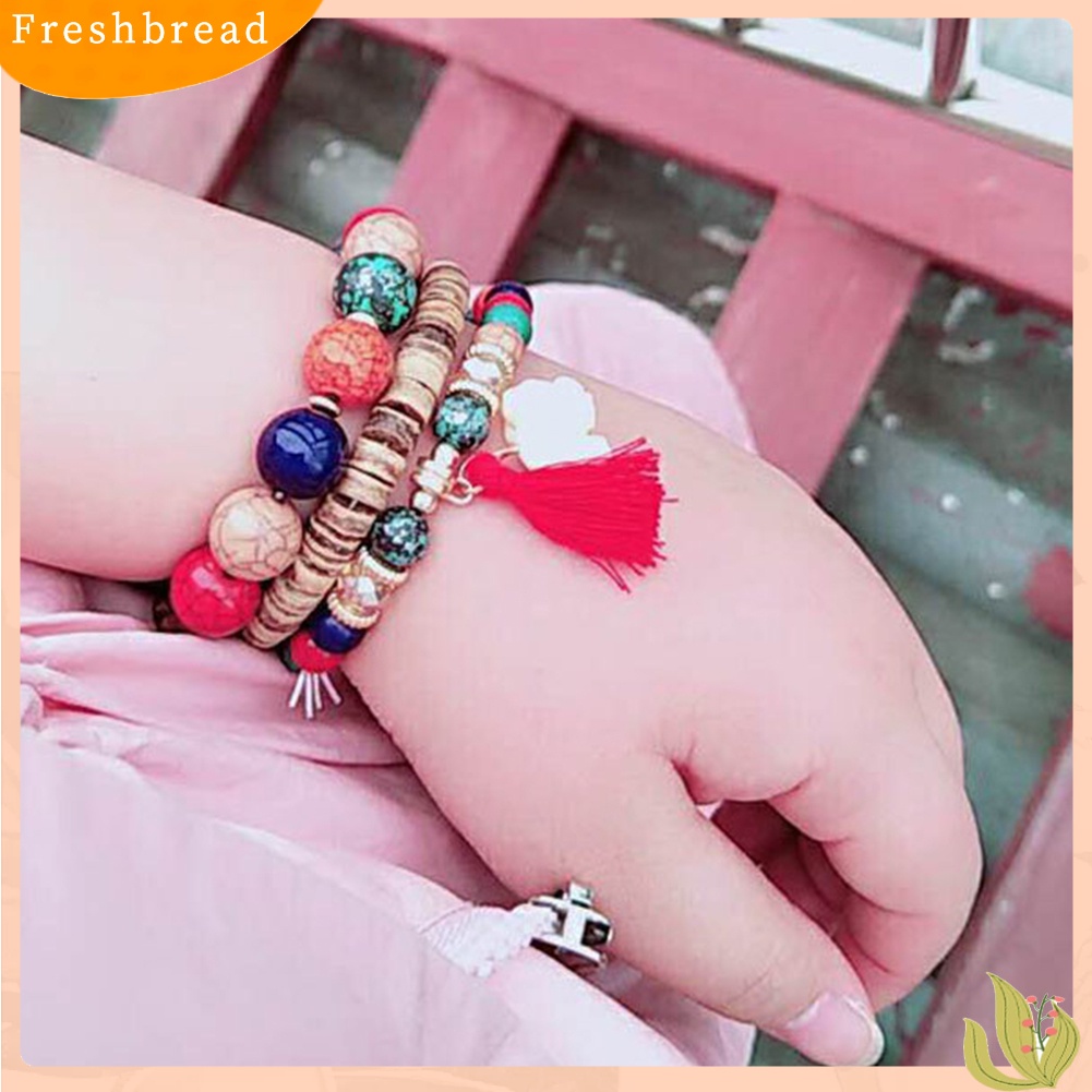 &lt; Freshbread &gt; 3Pcs/Set Bohemian Wanita Gajah Rumbai Pesona Ceko Batu Manik-Manik Gelang Hadiah