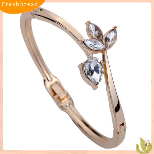 &lt; Freshbread &gt; Wanita Rose Gold Disepuh Berlian Imitasi Bertatahkan Bunga Ramping Cuff Bangle Gelang