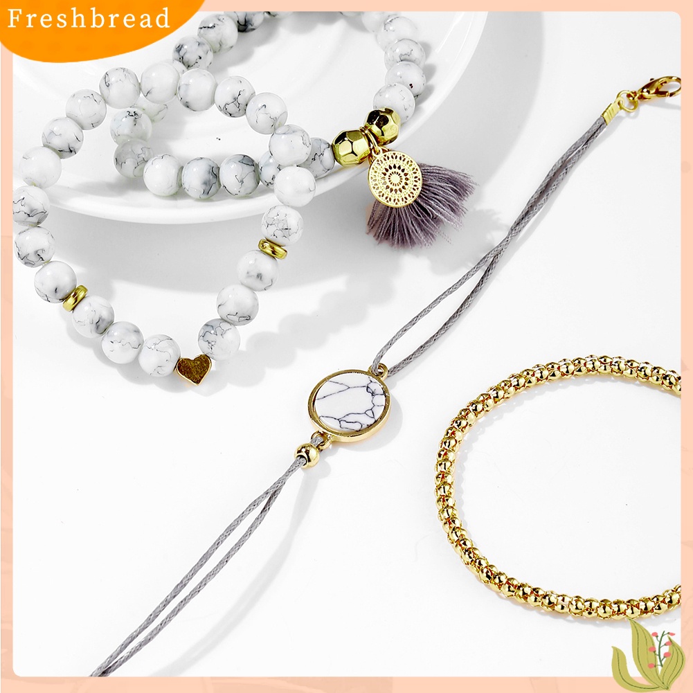 &lt; Freshbread &gt; 4Pcs Wanita Manik-Manik Pirus Imitasi Rumbai Pesona Gelang Bangle Set Perhiasan Hadiah