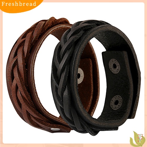 &lt; Freshbread &gt; Pria Keren Gaya Klasik Rajutan Kulit Bangle Punk Wristband Cuff Bracelet