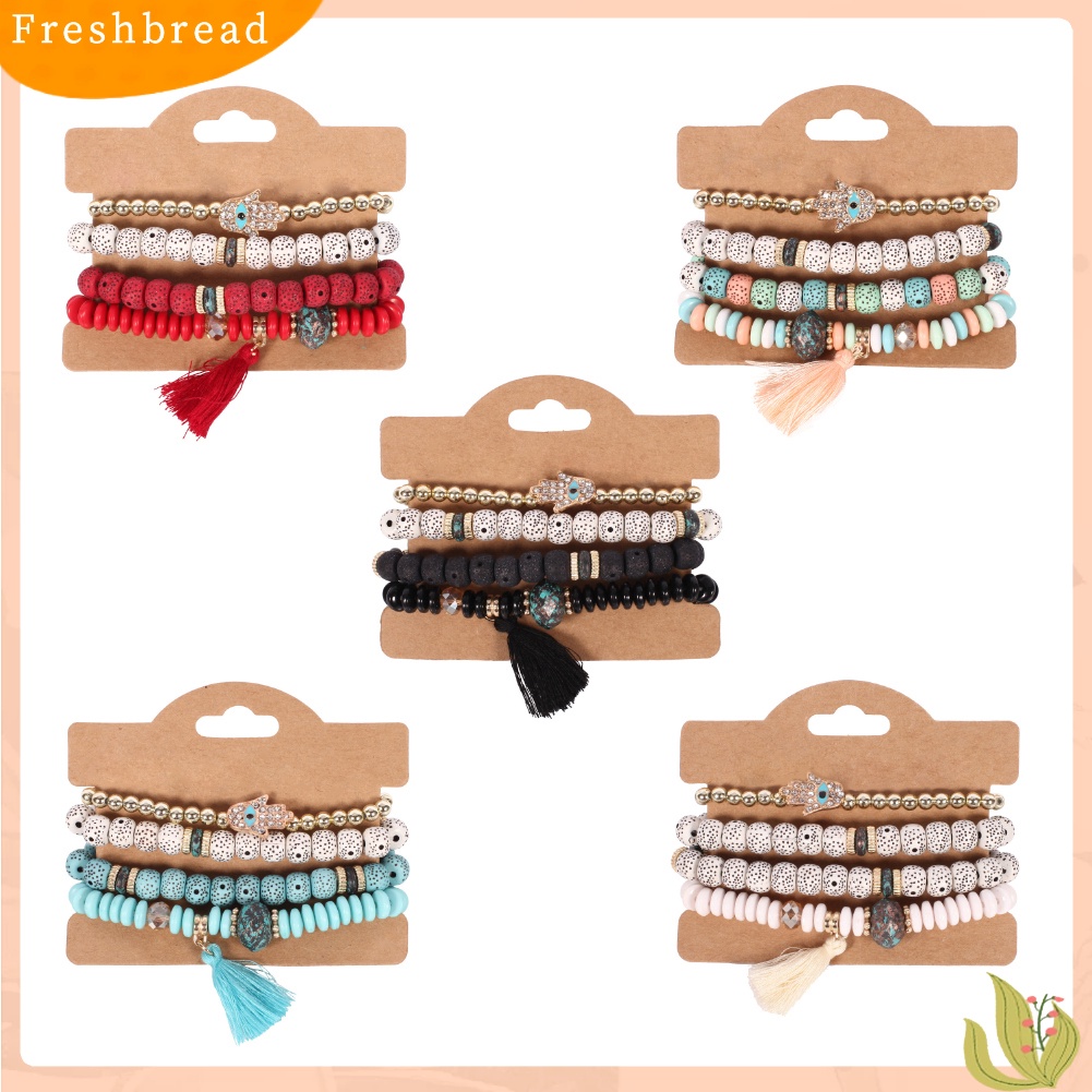 &lt; Freshbread &gt; 4Pcs Vintage Wanita Mutiara Imitasi Bodhi Beads Rumbai Gelang Set Pernyataan Perhiasan