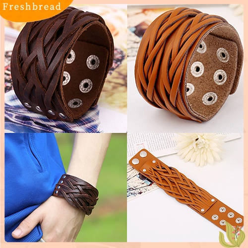 &lt; Freshbread &gt; Wanita Pria Gaya Punk Keren Kulit Bangle Rajut Manset Lebar Handmade Gelang