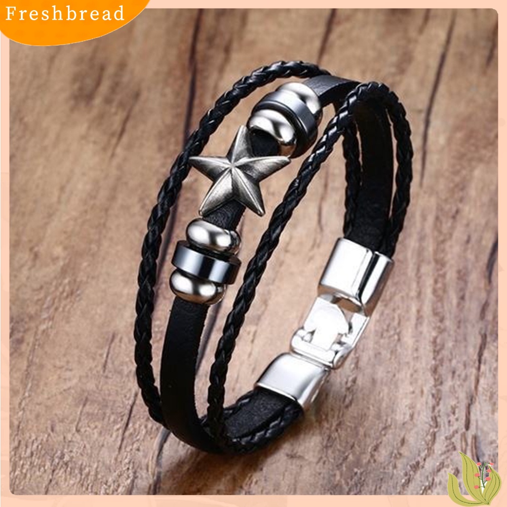 &lt; Freshbread &gt; Pria Punk Bintang Paduan Pesona Multilayer Dikepang Perhiasan Gelang Kulit Imitasi