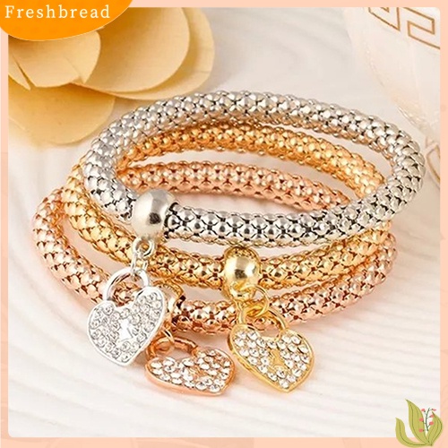 &lt; Freshbread &gt; 3Pcs Fashion Wanita Berlian Imitasi Cinta Hati Liontin Elastis Gelang Bangles