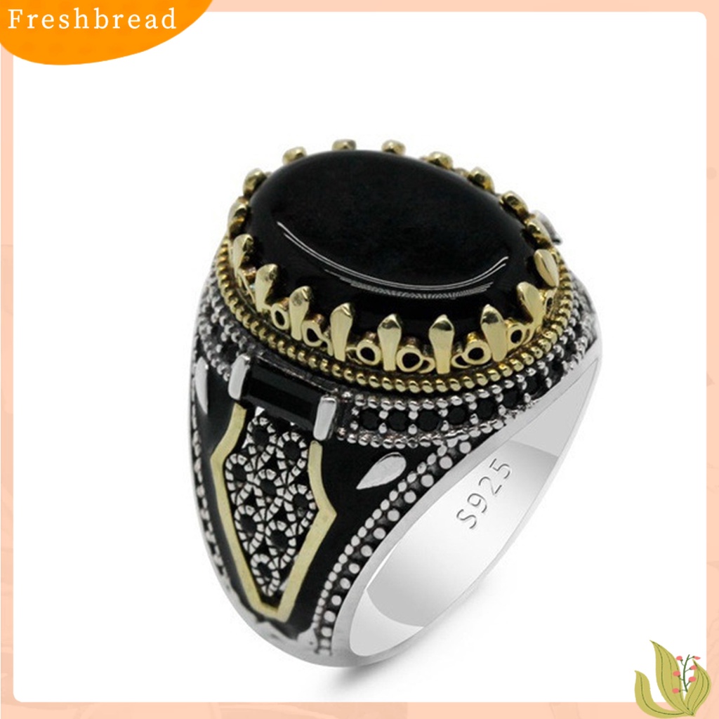 &lt; Freshbread &gt; Pria Cincin Vintage Punk Logam Ukiran Pola Kuno Two Tone Dekoratif Hadiah Batu Akik Imitasi Bertatahkan Laki-Laki Pesta Cincin Perhiasan Pernikahan