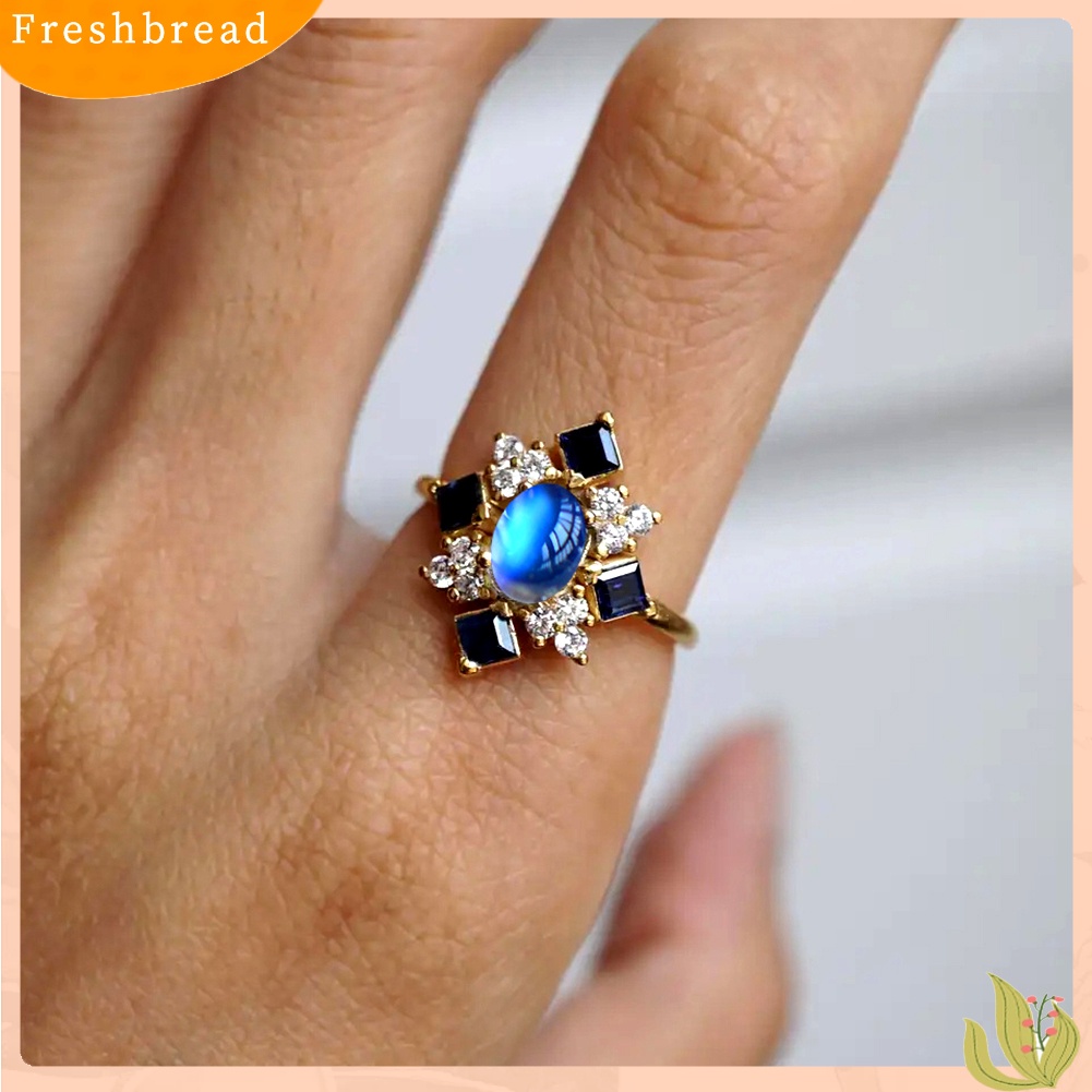 &lt; Freshbread &gt; Faux Moonstone Square Berlian Imitasi Wanita Jari Cincin Pesta Pertunangan Perhiasan Hadiah