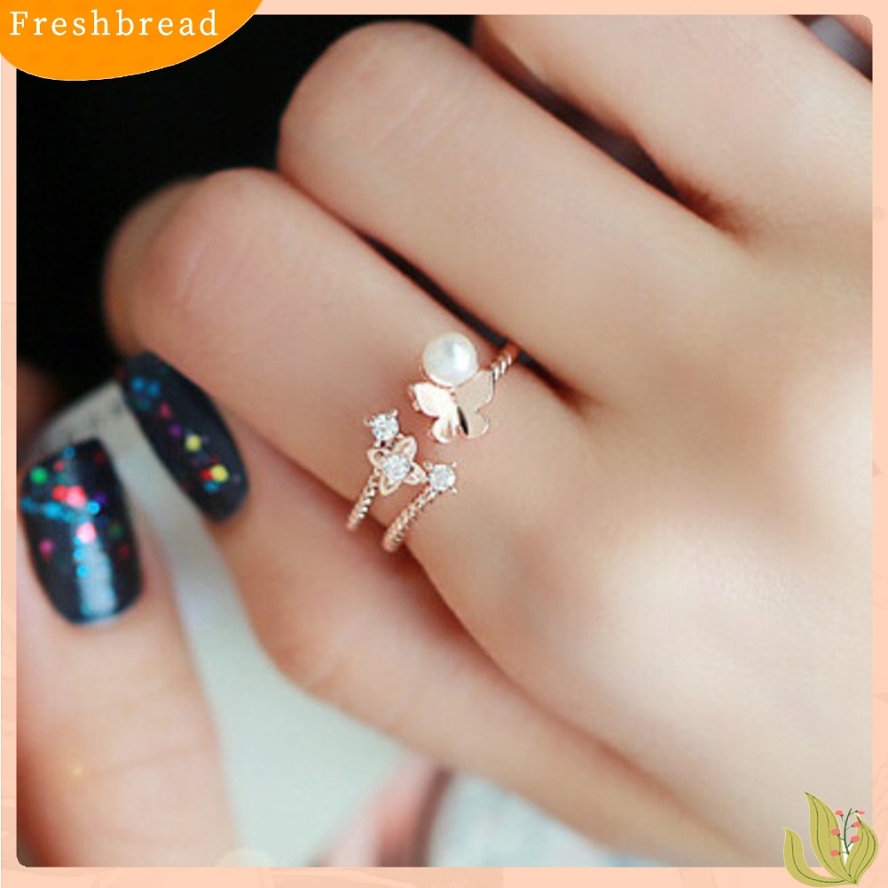 &lt; Freshbread &gt; Wanita Fashion Mutiara Imitasi Berlian Imitasi Bertatahkan Kupu-Kupu Jari Cincin Perhiasan Hadiah