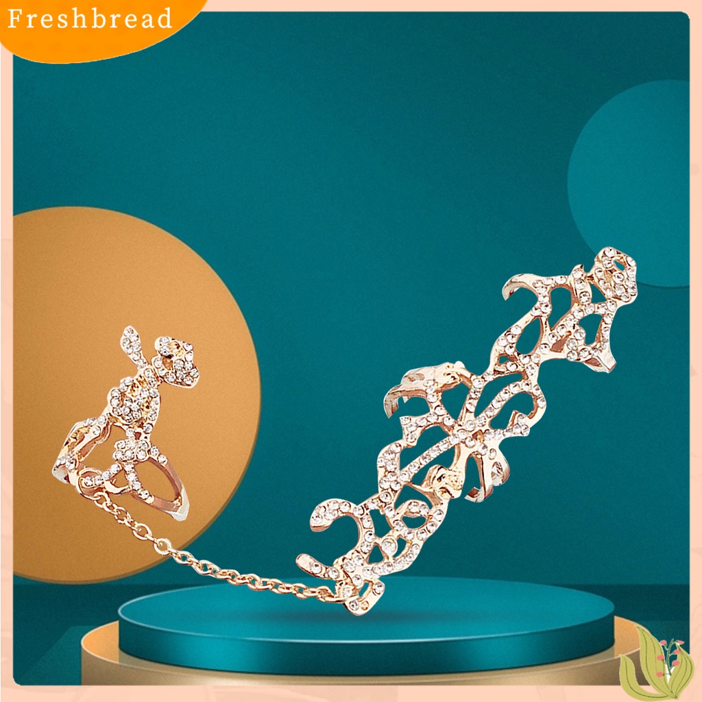 &lt; Freshbread &gt; Cincin Jari Adjustable Berlian Imitasi Tertanam Alloy Hollow Rose Flower Knuckle Chain Ring Untuk Pesta