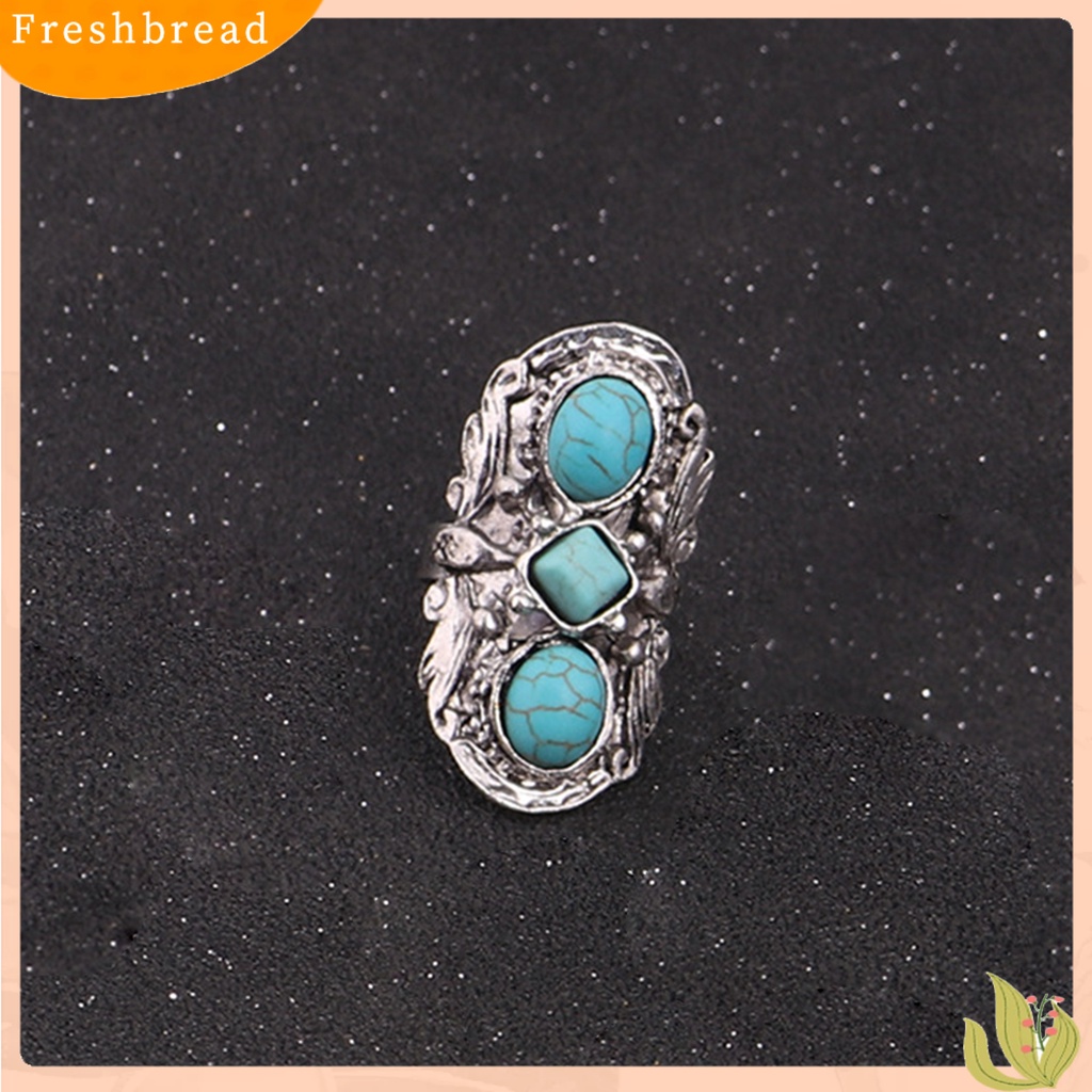 &lt; Freshbread &gt; Cincin Batu Gaya Bohemian Adjustable Batu Hijau Ukir Bunga Oval Opening Ring Untuk Pesta