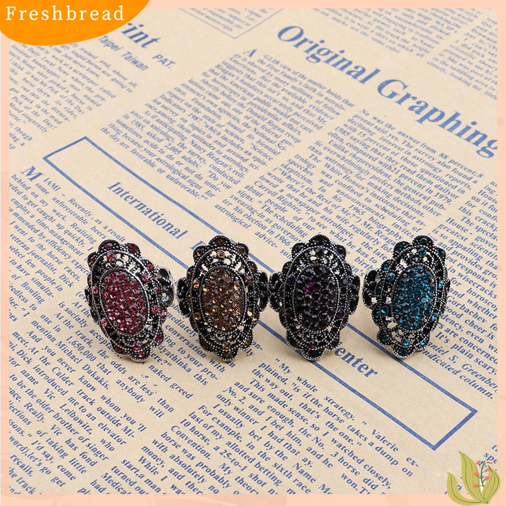 &lt; Freshbread &gt; Perhiasan Pesta Wanita Vintage Bentuk Oval Berongga Berlian Imitasi Jari Cincin Hadiah