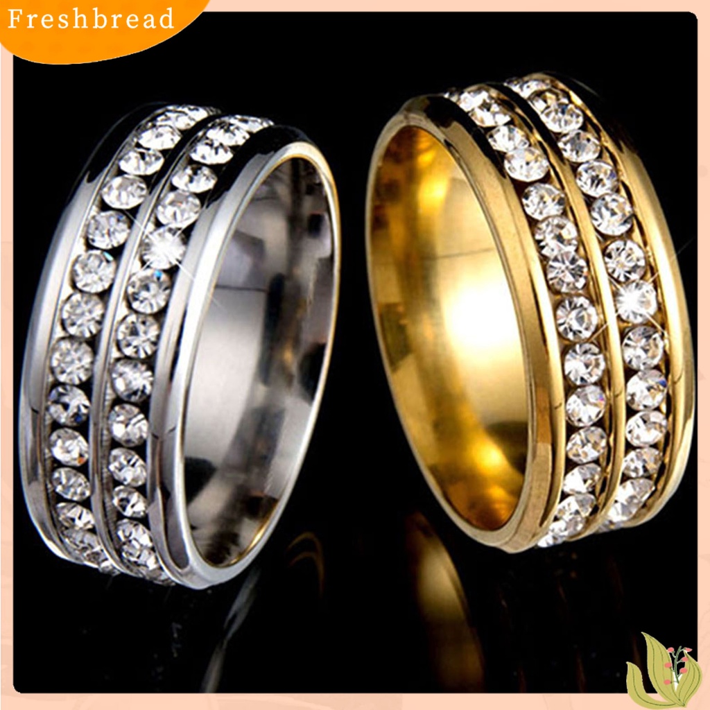 &lt; Freshbread &gt; Cincin Lebar-Lebar Fadeless Titanium Steel Baris Ganda Berlian Imitasi Perhiasan Unisex Untuk Pesta Pernikahan