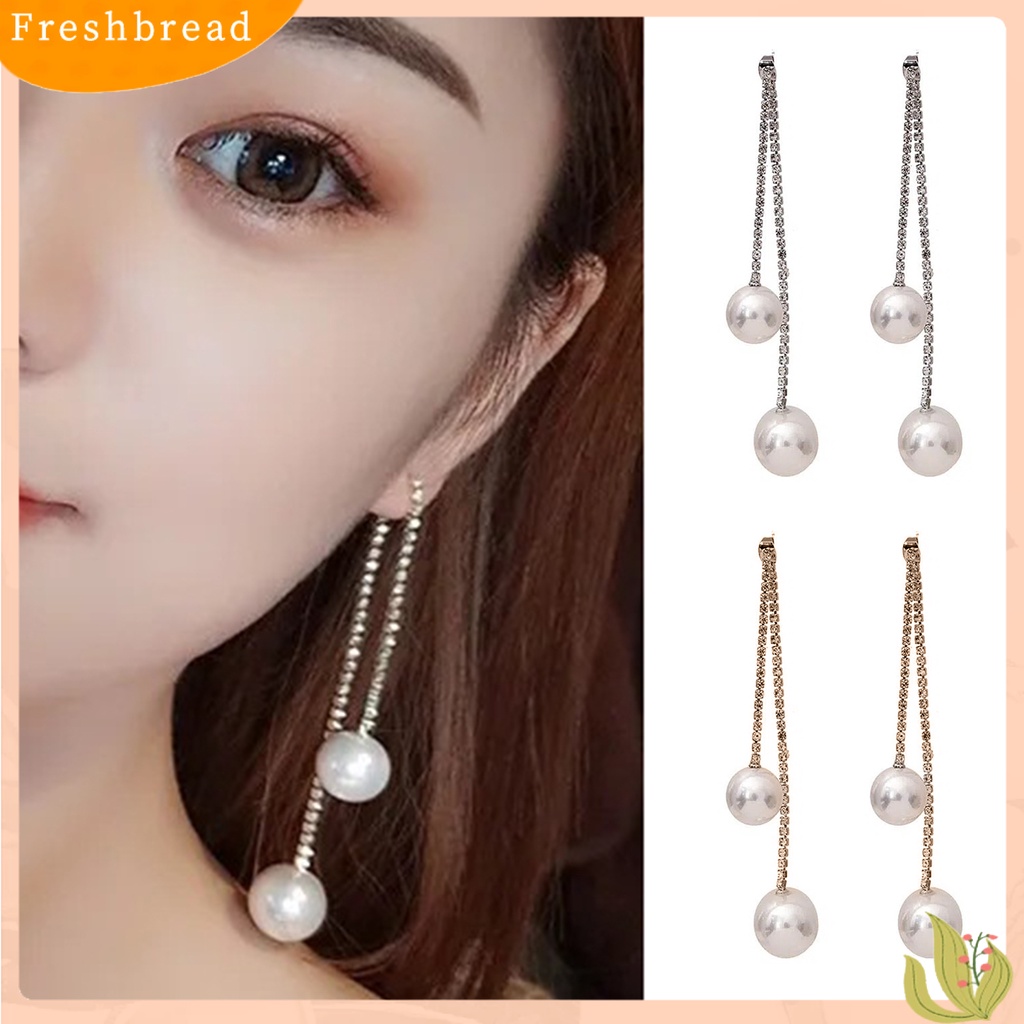 &lt; Freshbread &gt; 1pasang Menjuntai Anting Berlian Imitasi Mengkilap Hias Berkilau Geometris Anti Luntur Hias Hadiah Hari Kasih Sayang Wanita Mutiara Imitasi Panjang Rumbai Stud Earrings