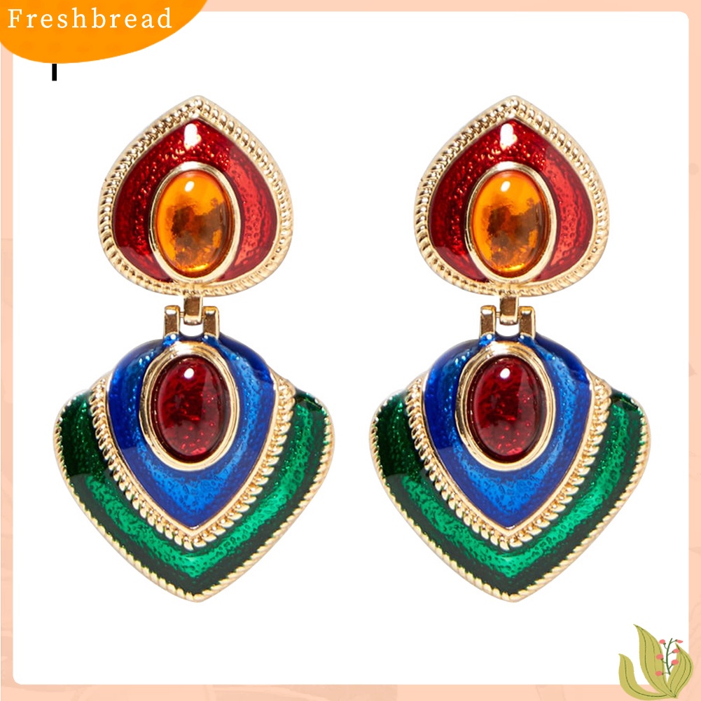 &lt; Freshbread &gt; Wanita Permata Imitasi Hias Enamel Hati Menjuntai Multicolor Stud Earrings Perhiasan Hadiah