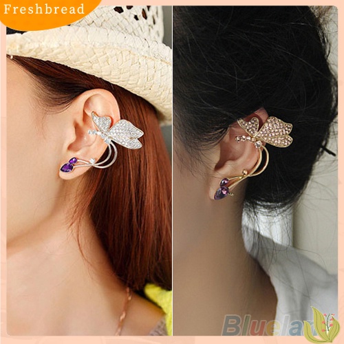 &lt; Freshbread &gt; 1Pc Stud Anting Kupu-Kupu Klip Telinga Kristal Wanita Elegan Untuk Telinga Kiri