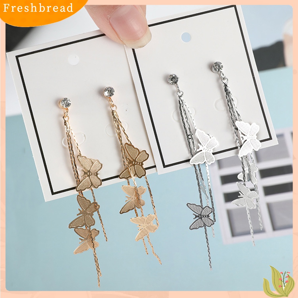 &lt; Freshbread &gt; Fashion Wanita Kupu-Kupu Rumbai Panjang Menjuntai Berlian Imitasi Stud Earrings Jewelry