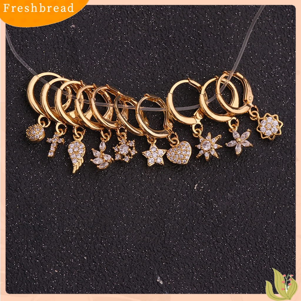 &lt; Freshbread &gt; 1Pc Wanita Cubic Zirconia Hias Salib Hati Bunga Menjuntai Huggie Anting Perhiasan