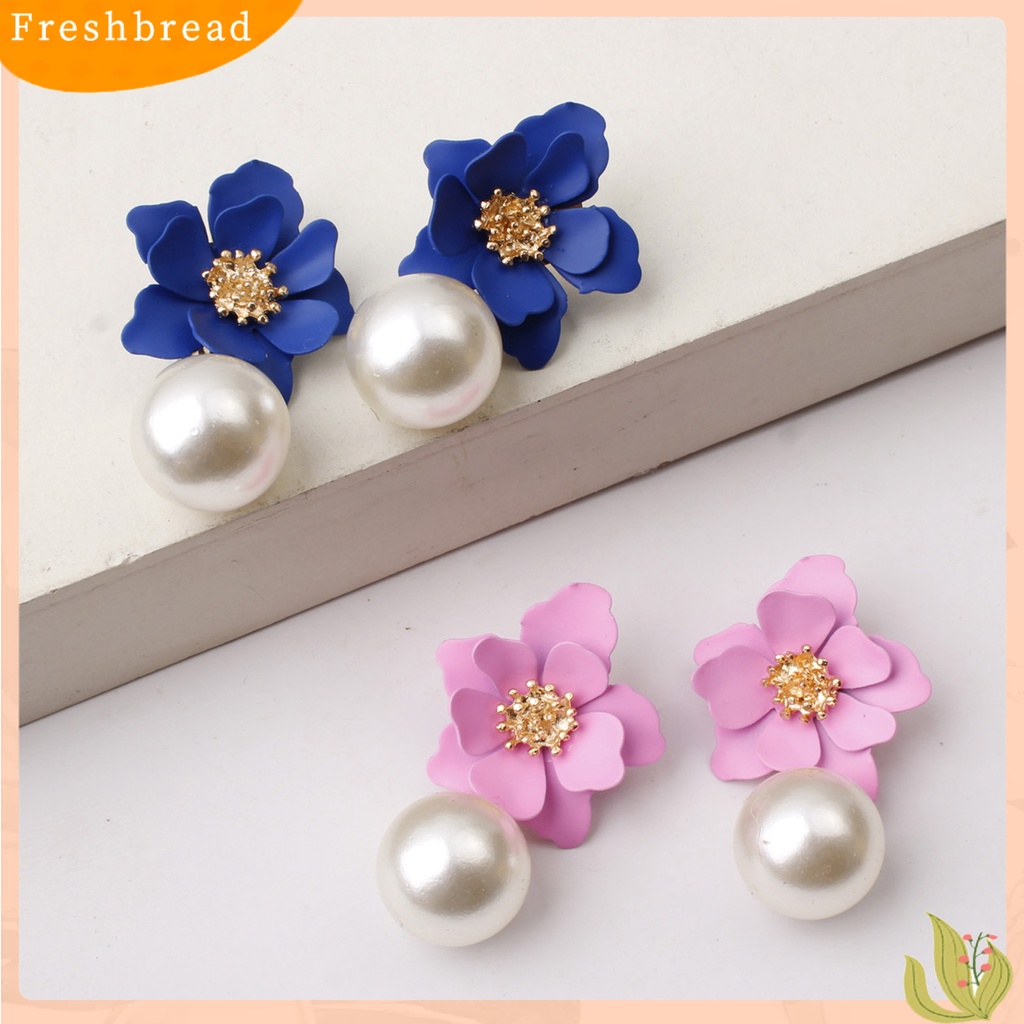 &lt; Freshbread &gt; 1pasang Bunga Besar Liontin Mutiara Imitasi Wanita Anting Paduan Tindik Manis Drop Earrings Perhiasan Aksesori