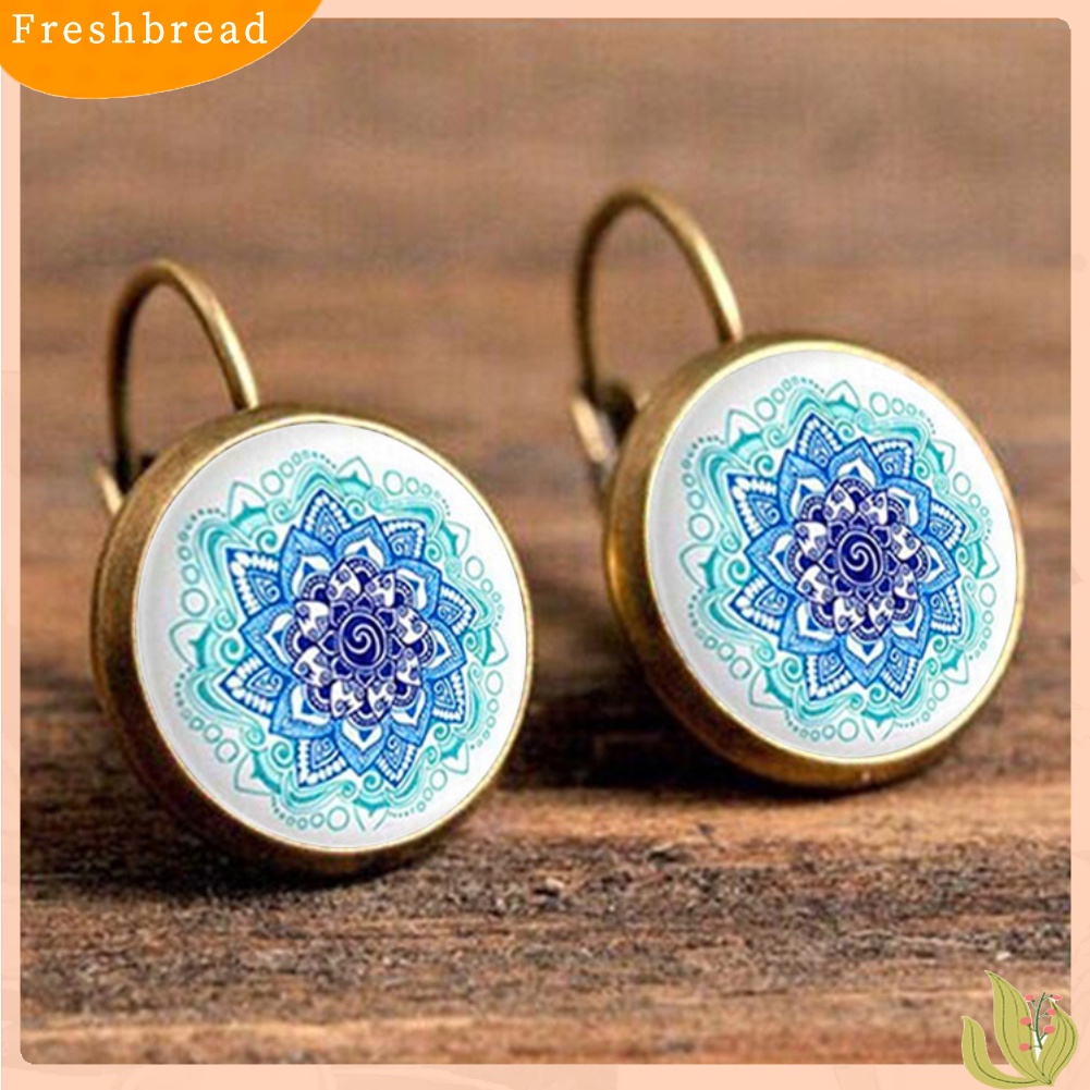 &lt; Freshbread &gt; Vintage Bunga Lotus Mandala Kaca Cabochon Leverback Anting Wanita Perhiasan