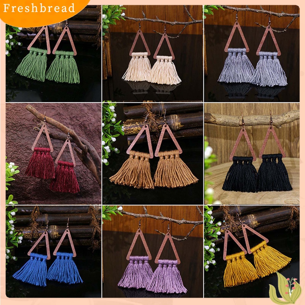 &lt; Freshbread &gt; 1pasang Segitiga Kayu Gaya Etnik Lady Drop Earrings Aksesori Bohemian Benang Katun Rumbai Kait Anting Perhiasan Pesta