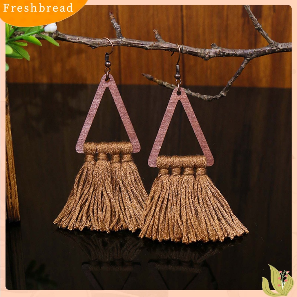 &lt; Freshbread &gt; 1pasang Segitiga Kayu Gaya Etnik Lady Drop Earrings Aksesori Bohemian Benang Katun Rumbai Kait Anting Perhiasan Pesta