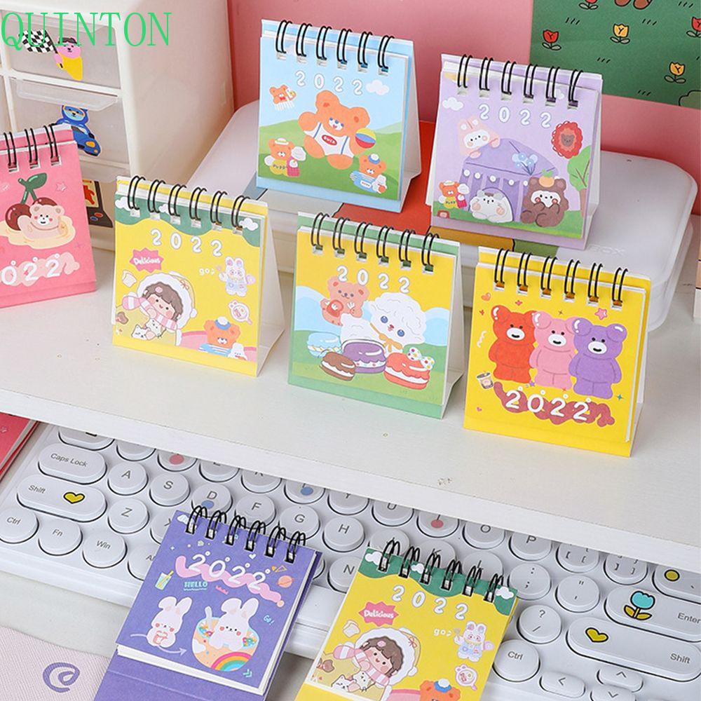 QUINTON ins 2022 Calendar Cute Table Calendar Mini Desk Calendar 2022 Student Stationery Dual Daily Scheduler Table Planner Calendar Planner Kawaii School Supplies Simple 2022 Desktop Decoration