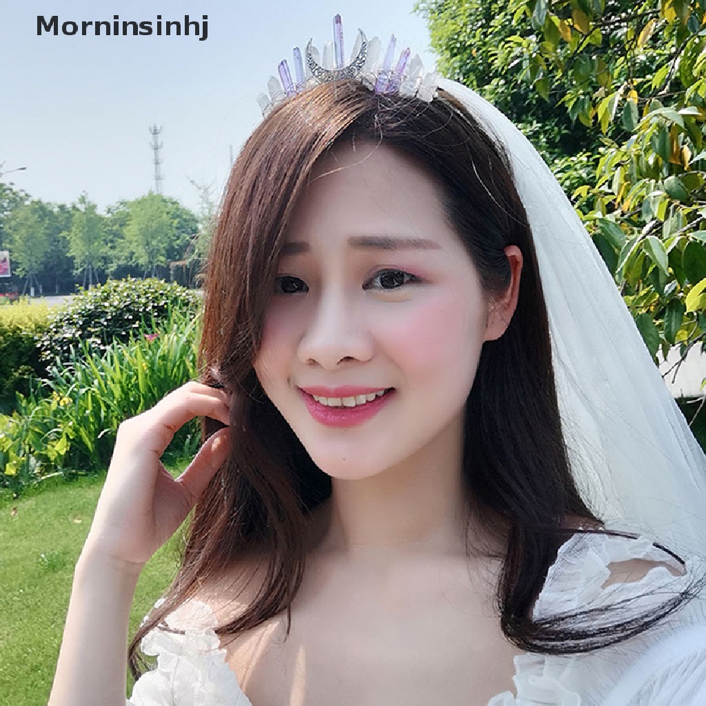 Mornin 1PC Wanita Bulan Dewi Mahkota Kristal Mentah Tiara Handmade Pesta Bando id