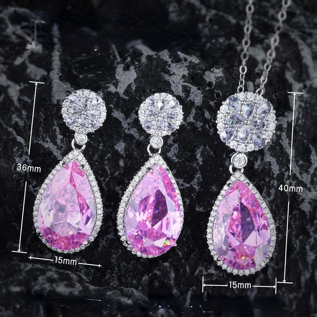 Goldkingdom Aksesoris Perhiasan Fashion Ready Stock Morgan Pink Berlian Set Perhiasan Karat Besar Tetesan Air Kalung Harta Karun Warna-Warni Anting Liontin