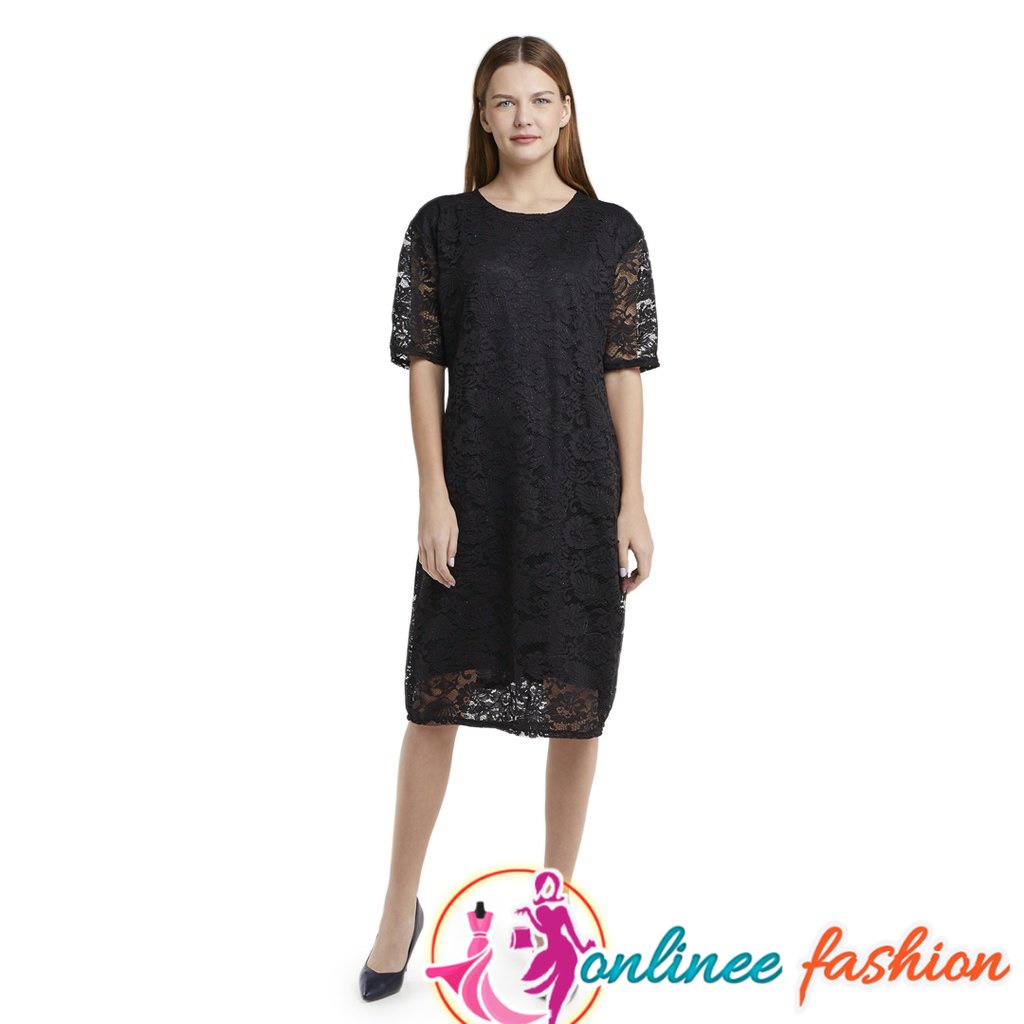 SALEE Midi Dress Jumbo Korea Casual Cintari Black Dres Wanita Lengan Pendek Brokat lapis furing