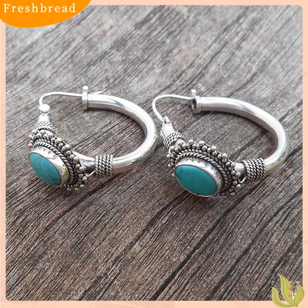 {In Stock} 1pasang Anting Hoop Tindik Oval Ukir Unik Biru Turquoise Bohemia Retro Earrings Aksesoris Perhiasan