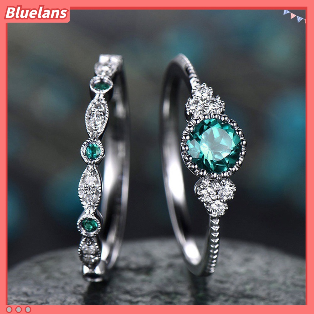 {In Stock} 2Pcs/Set Wanita Berlian Imitasi Potongan Bulat Cubic Zirconia Jari Cincin Perhiasan Pernikahan