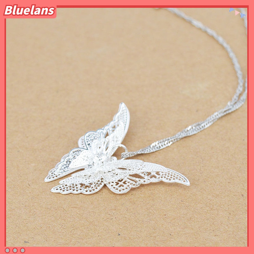 {In Stock} Wanita Elegan Perak Berlapis Berongga Indah Kupu-Kupu Liontin Perhiasan Ada Rantai