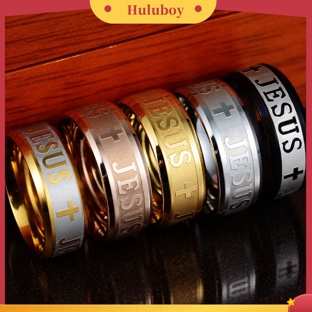 {Ready Stock} Cincin Unisex Huruf Salib Yesus Ukiran Perhiasan Cincin Kristen Pria Wanita Anti Karat Untuk Pesta