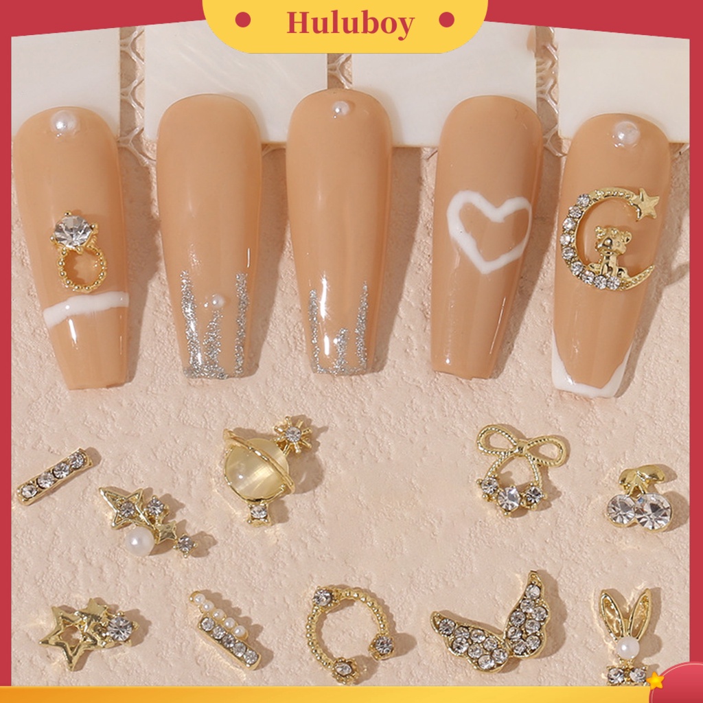 {In Stock} 10Pcs Manicure Decor Tiga Dimensi Bersinar Berkilau DIY Tahan Karat Mutiara Palsu Emas Jantung Busur Berlian Palsu Pesona Kuku Salon Pasokan