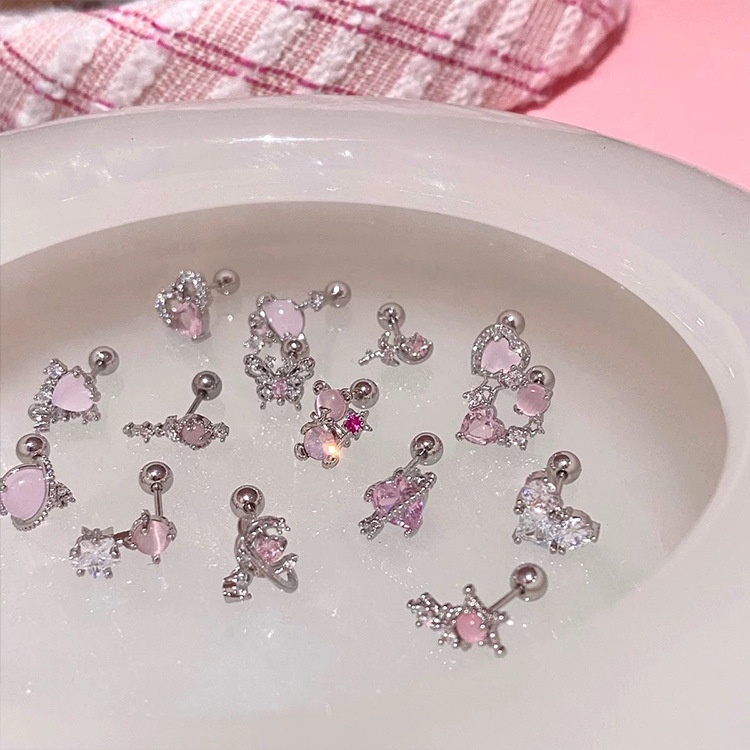 Roselife Korea s925 Perak Bersinar Zirkon Merah Muda Opal Hati Beruang Stud Anting-Anting Untuk Wanita Perempuan Elegan Tindik Kristal Sekrup Anting-Anting Trendi Telinga Perhiasan Hadiah