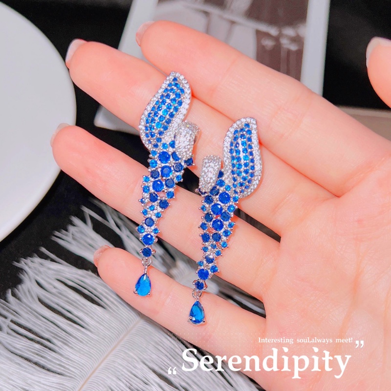 Goldkingdom Fashion Perhiasan Aksesoris Ready Stock Türkiye Anatolia Desain Industri Berat Berlian Biru Super Flash Anting Wajah Panjang Slim Zirkon Perak Jarum Anting