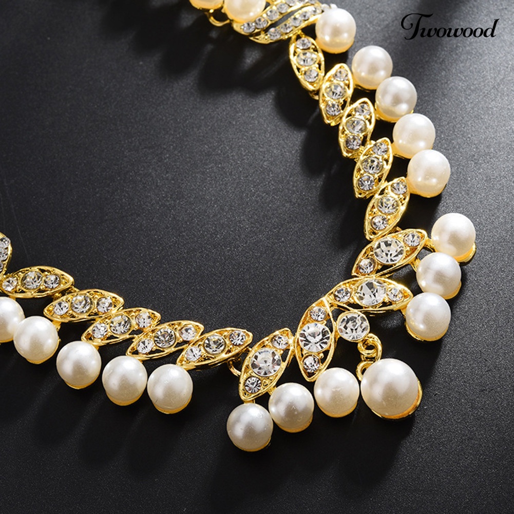 Twowood Faux Pearl Rhinestone Leaf Menjuntai Anting Kalung Bridal Set Perhiasan Pernikahan