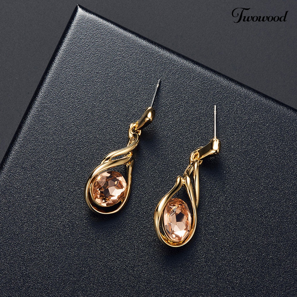 Twowood Wanita Berlian Imitasi Oval Faux Quartz Pendant Ear Stud Earrings Kalung Set Perhiasan