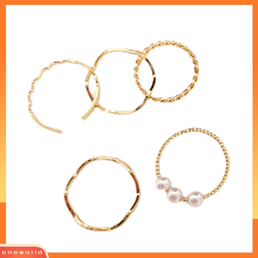 [EONE] 5pcs Cincin Jari Bergelombang Gaya Jepang Korea Mutiara Imitasi Perhiasan Electroplating Stackable Rings Set Untuk Pesta Pernikahan Perjamuan Prom