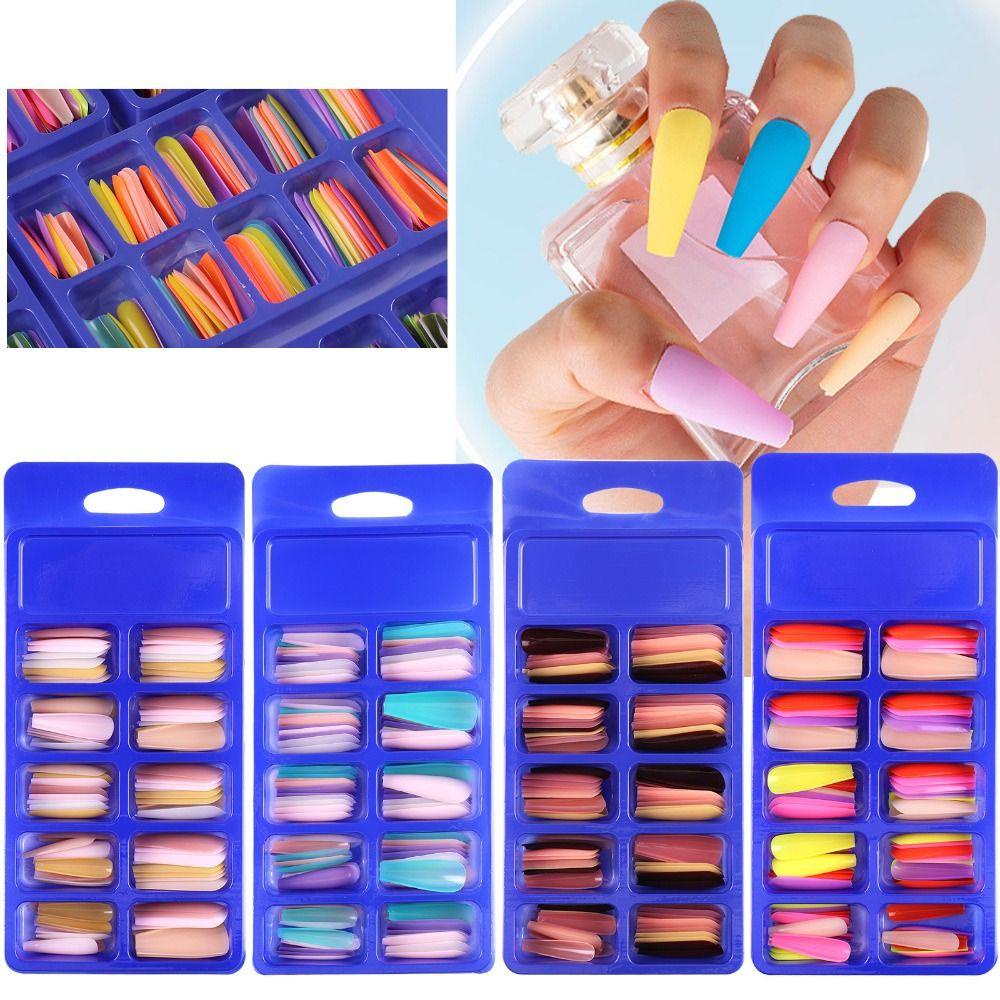 Needway Panjang Patch Kuku Wanita Elegent Dilepas Ultra-Tipis Warna Solid Mixing Square Full Cover Nail Art Tips